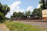 NS 9670 heads a westbound stack train, while 21G holds on the siding